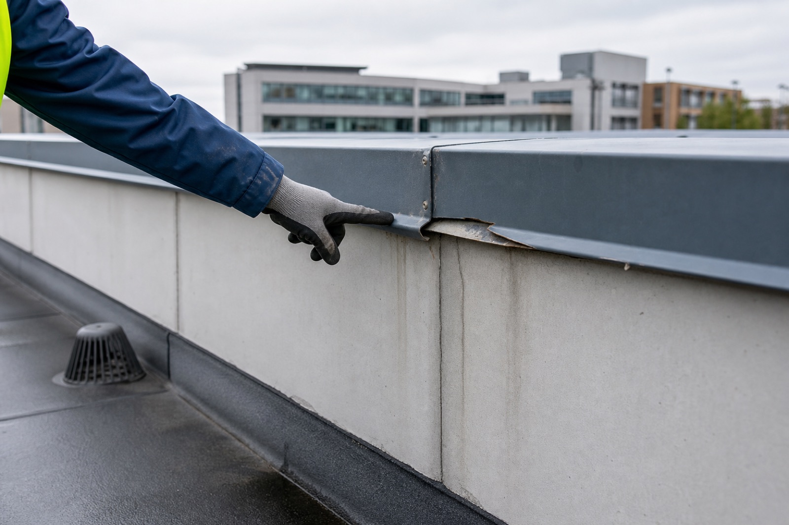 Inspector pointing to damaged flashing on a commercial roof parapet